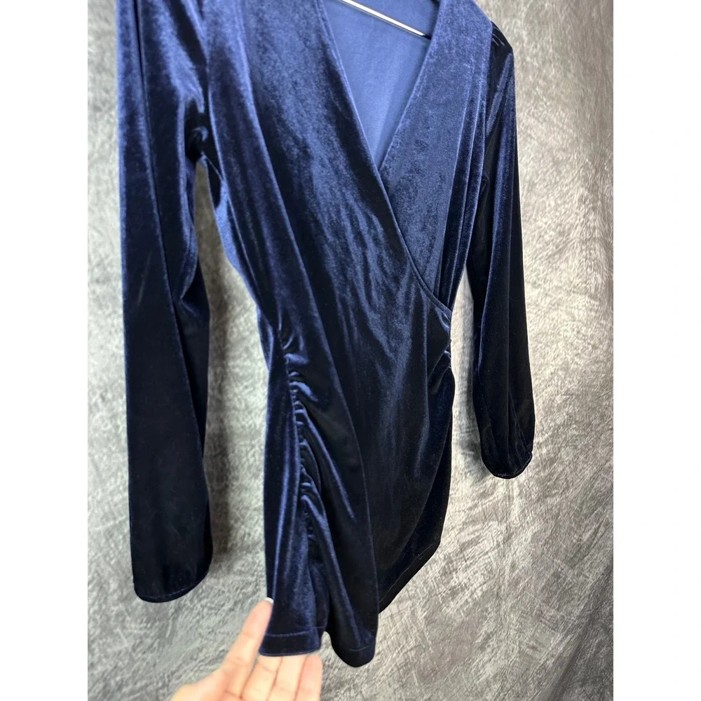 Boden Ellie Faux Wrap Top Women Size 6 Small Navy Blue Velvet Ruched Long Sleeve